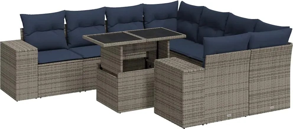 vidaXL 9 részes szürke polyrattan akácfa kerti ülőgarnitúra párnákkal