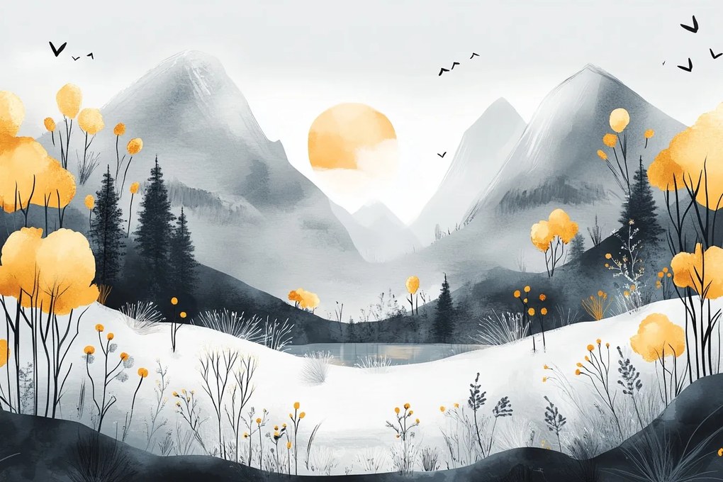 Fotótapéta Flizelina Gyerekek Hegyek Fák Tó Virágok Nap 152,5x104 ragasztó