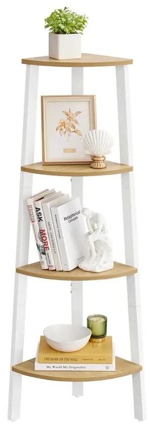 VASAGLE sarokkönyvespolc, 4 szintes létrás polc 33,3×33,3×125 cm, natúr - fehér színben