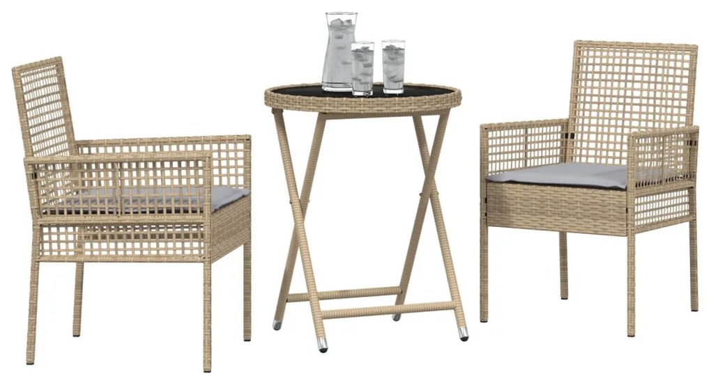 3 darabos Kerti Bistro Szett Párnákkal Bézs Poli Rattan
