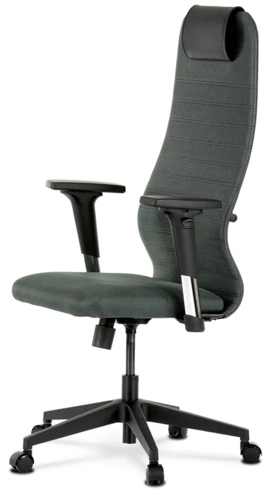 Scaun de birou, tapițat cu material textil gri și piele ecologică, mecanism de balans și brațe 2D.