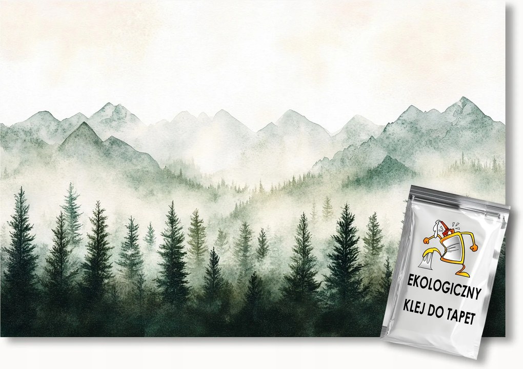 Fotótapéta Flizelina Akvarell Tájkép Hegyek Erdő Lucfenyő Köd 400x280 ragasztó
