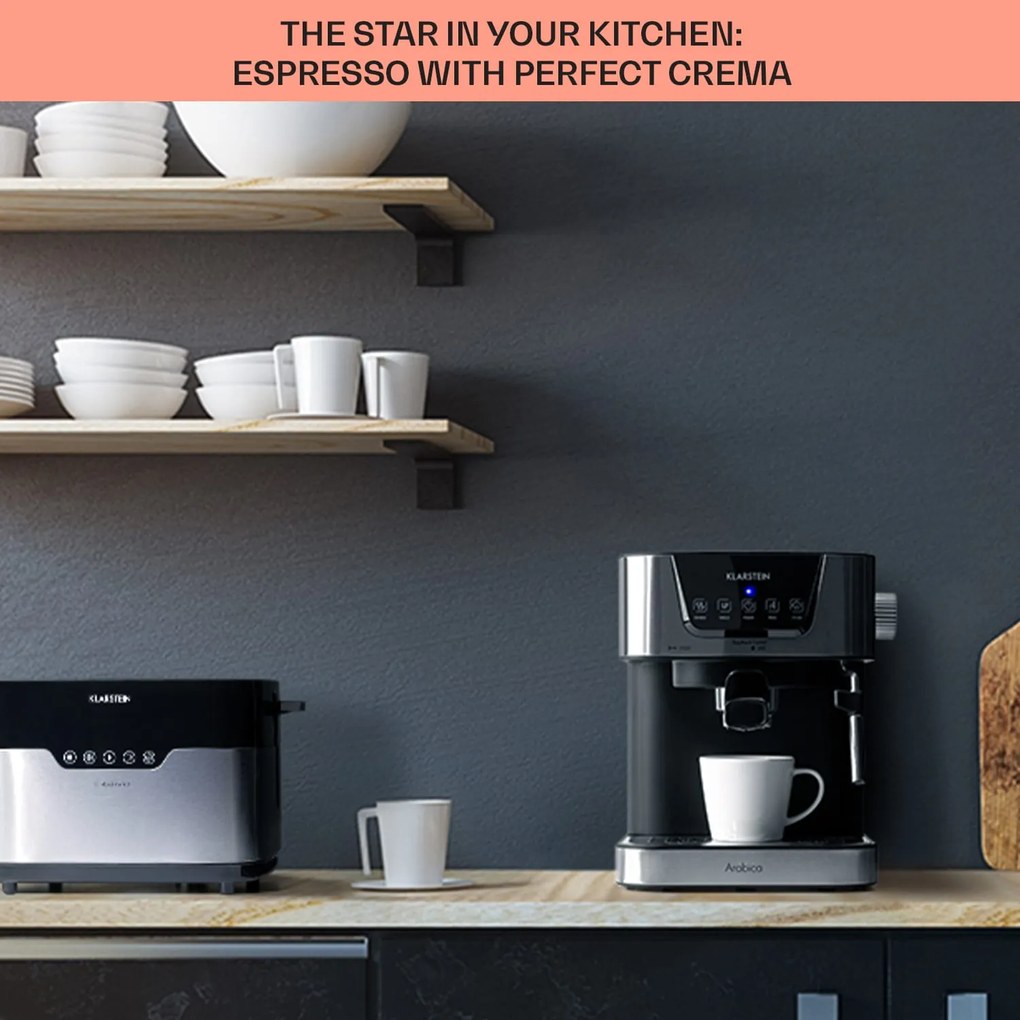 Klarstein Arabica, eszpresszó kávéfőző, 1050 W, 15 bar, 1,5 l, érintős vezérlőpanel, rozsdamentes acél