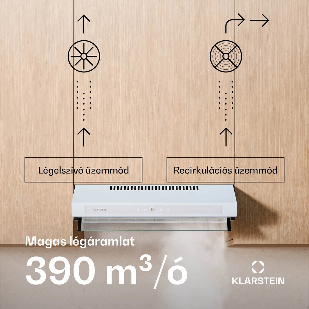 Klarstein Purista Force motorháztető, Kompakt, 384,8 m³/h, EEK C, Kétmotoros technológia