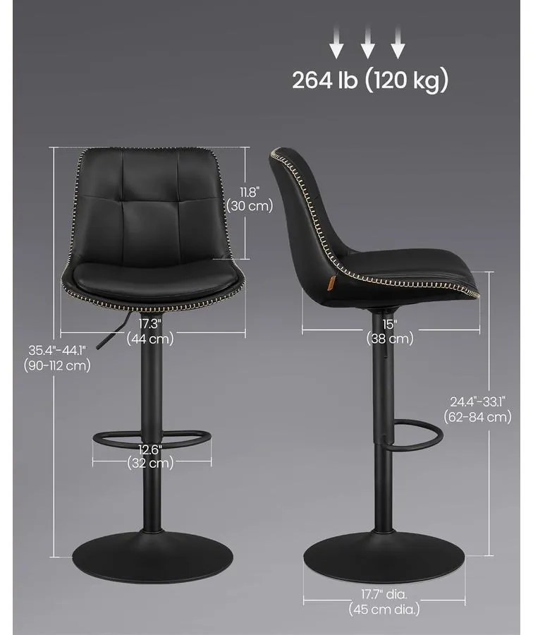 2 db állítható magasságú bárszék szett, 44 x 48 x (90–112) cm, fekete színű