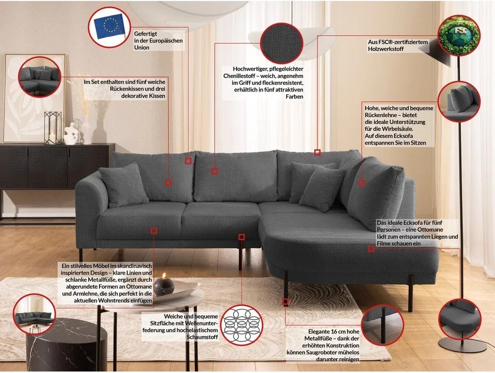 Sötétszürke zsenília sarokkanapé (jobb oldali-L alakú) Mauris – Ropez