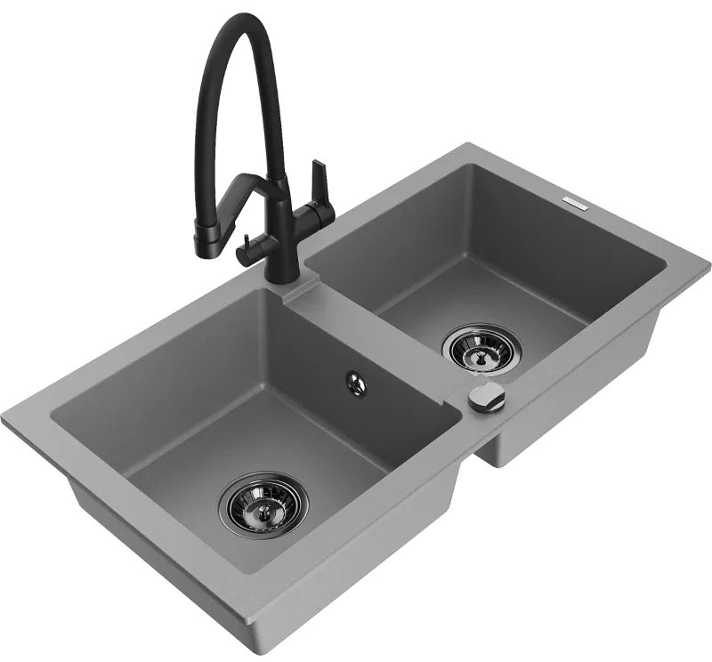 Mexen Mario gránit 2-medencés mosogató csapteleppel Duo, szürke - 6504-71-671701-70-B
