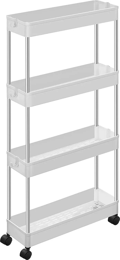 Keskeny 4 szintes tárolókocsi, helytakarékos polcrendszer, 40x12.5x88 cm, fehér