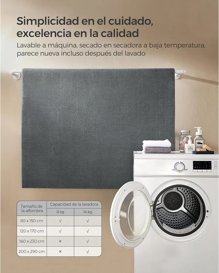 Csúszásmentes szőnyeg, szőnyeg mosógépben mosható, 200 x 290 cm, szürke