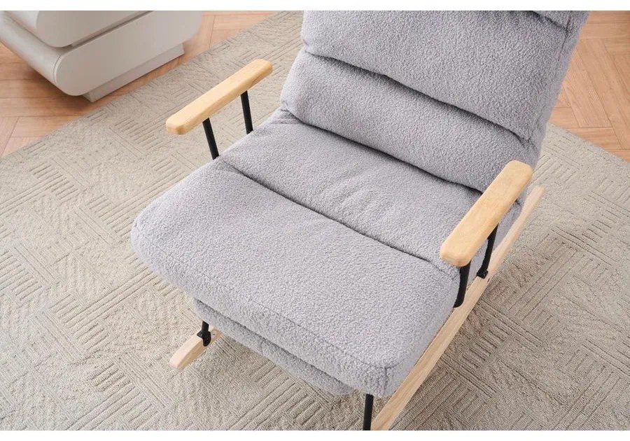 hintaszék fa lábakkal, plüss szövettel, 4 fokozatban állítható háttámlával, szürke