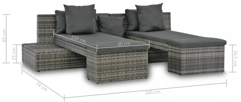 4-részes szürke polyrattan kerti bútorszett párnákkal