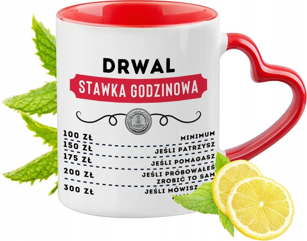 Piros bögre szív alakú füllel favágónak ajándékba