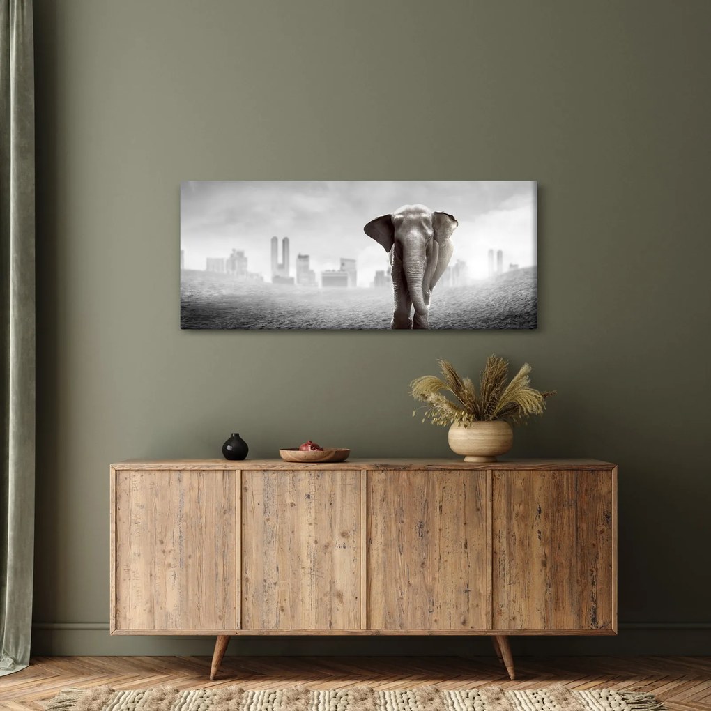 Kép -Elefánt egy nagyvárosban, fekete-fehér változat (120x50 cm)