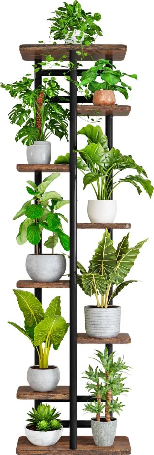 LEDOR TYP 4 8 polcos virágállvány, fémvázzal, 36 x 23 x 136 cm, rusztikus fa/fekete