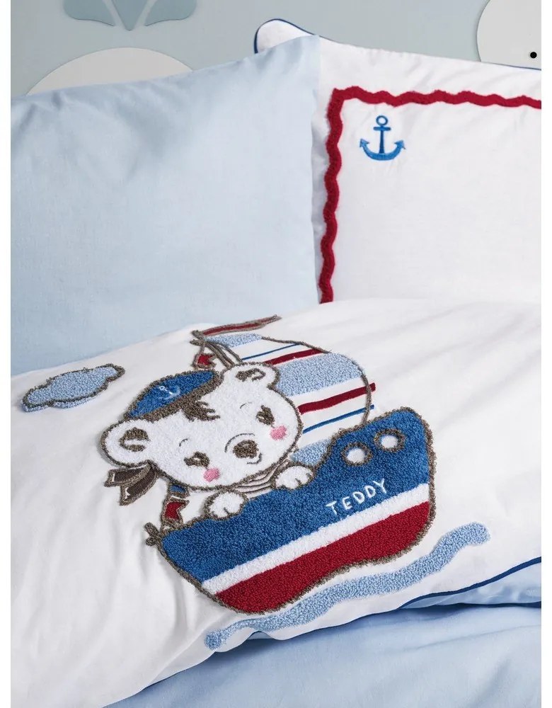 Fehér-kék négyrészes pamut gyerek ágyneműhuzat babaágyhoz lepedővel 100x150 cm Miniyo – Mijolnir