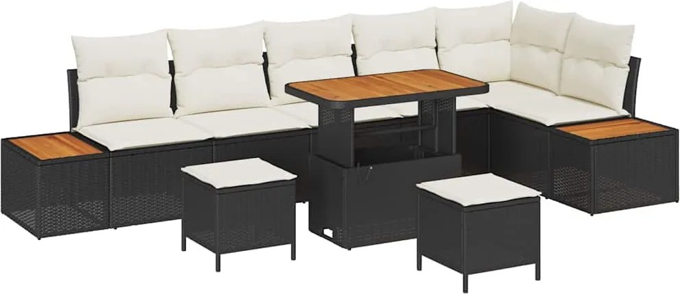 vidaXL Kerti Kanapé Szett párnával tárolóval 9 pcs Fekete Poli rattan