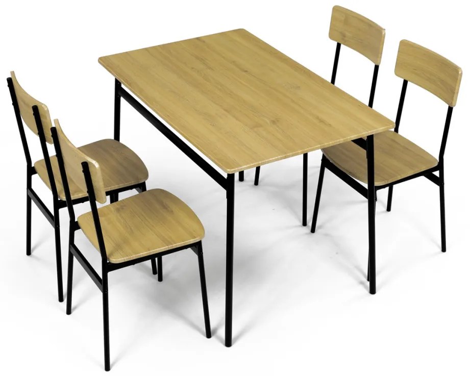Set de sufragerie Masă cu Patru Scaune, MDF, decor Stejar Natural, cadru metalic negru