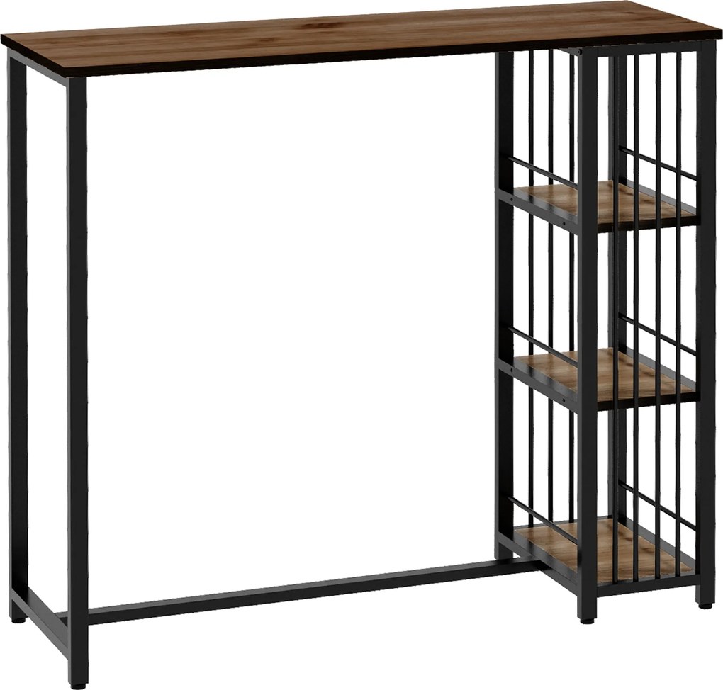 HOMCOM Bárasztal Magas Asztal Pult Asztal 3 Polccal, Konyhai Asztal Fa Hatású, Acélvázzal, Étkezőbe, Konyhába, Barna, 120 x 40 x 105 cm | Aosom