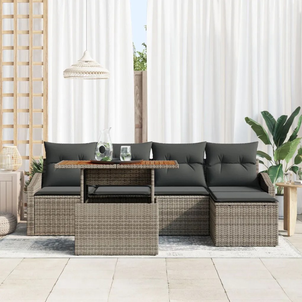 6 Darabos Kerti Étkező Szett Párnákkal Szürke Poly Rattan Akácia