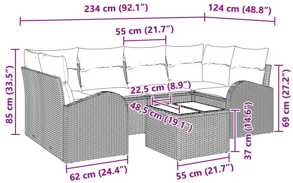 7 darabos Kert Kanapé Szett Párnákkal Világosszürke Poli Rattan