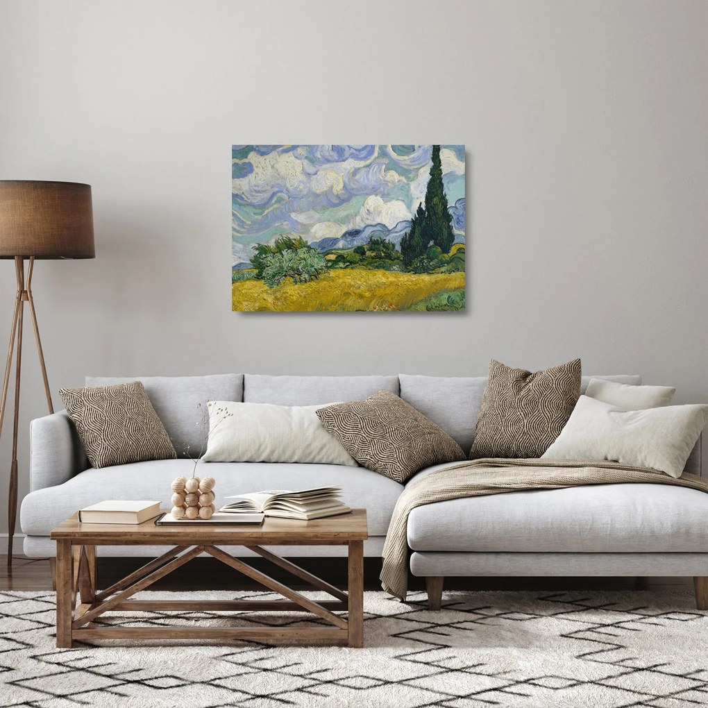 Üveg kép - Vincent van Gogh, Wheat Field with Cypresses, reprodukciók (70x50 cm)