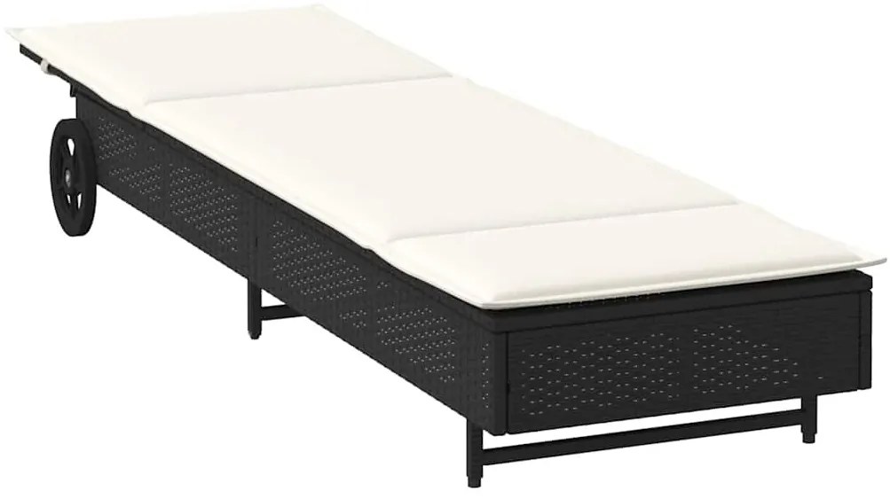 Fekete polyrattan napozóágy kerekekkel és párnával