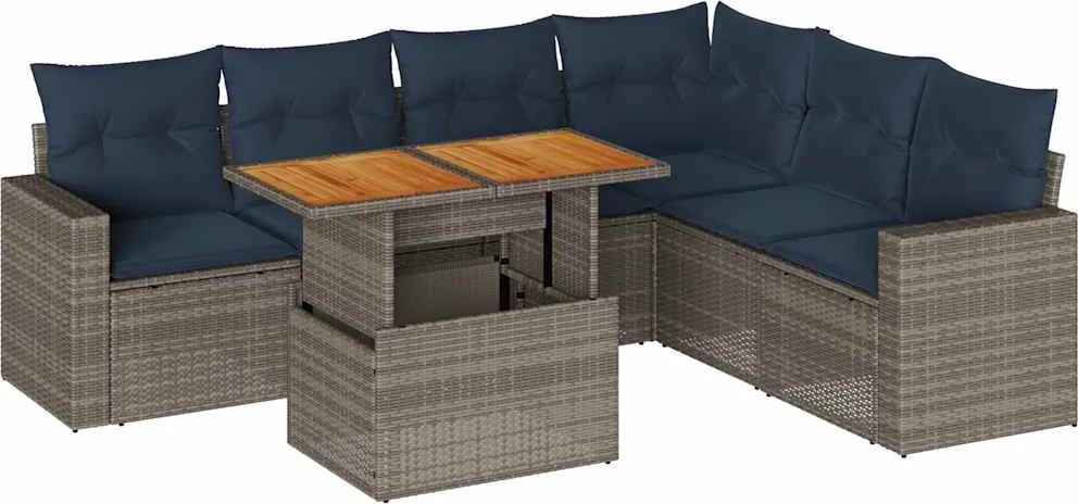 vidaXL 7 részes szürke polyrattan kerti ülőgarnitúra párnákkal