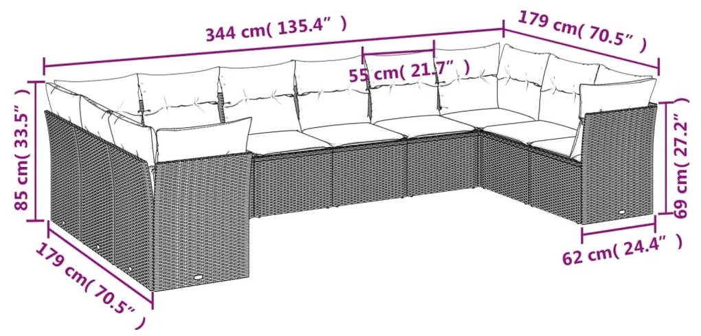 10 részes szürke polyrattan kerti ülőgarnitúra párnákkal