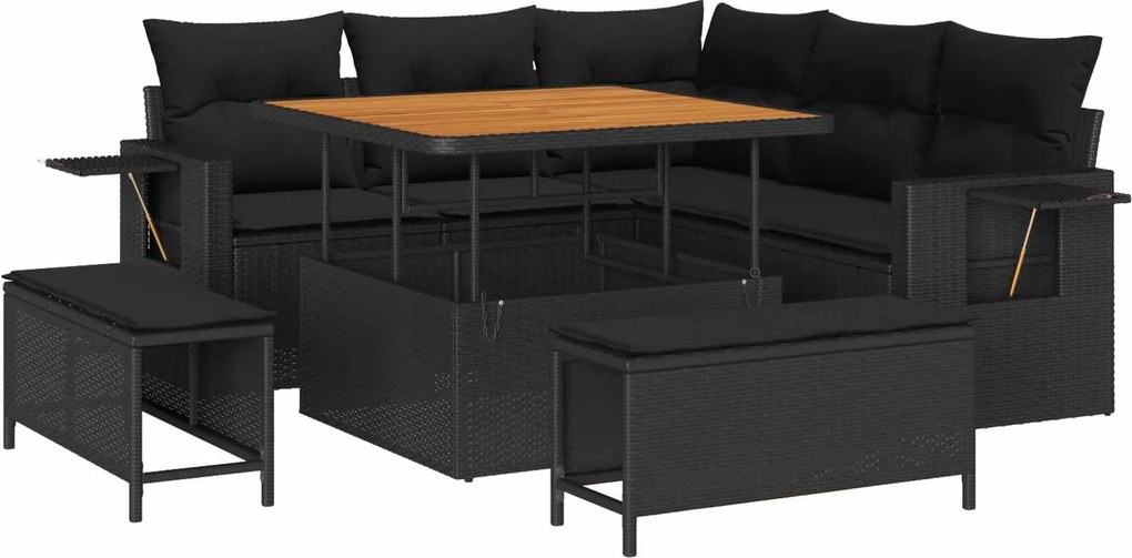 vidaXL Kerti Kanapé Szett párnával 9 pcs Fekete polirattan