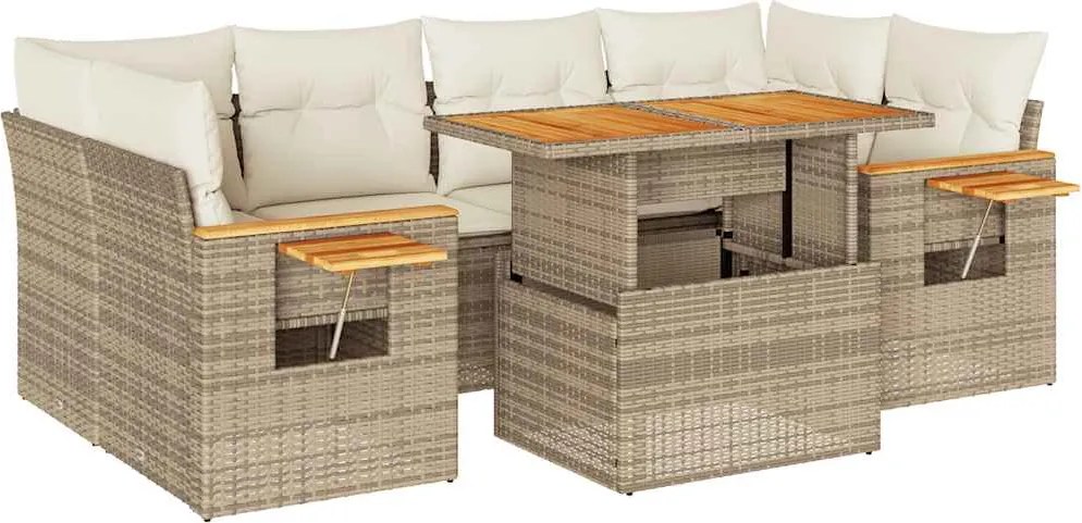 vidaXL 7 részes bézs polyrattan akácfa kerti ülőgarnitúra párnákkal