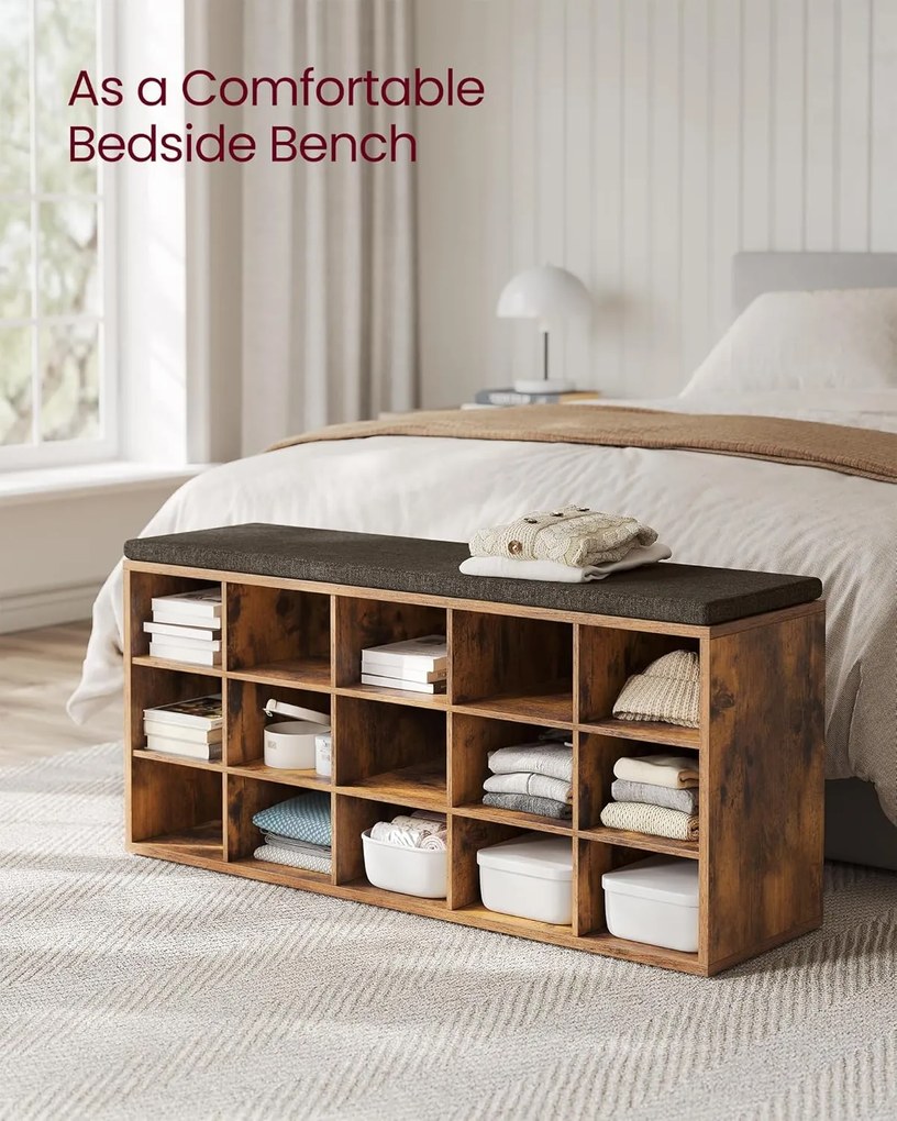 Cipőtartó pad, tárolós pad párnázott ülőfelülettel 30 × 105 × 48 cm, rusztikus barna színben