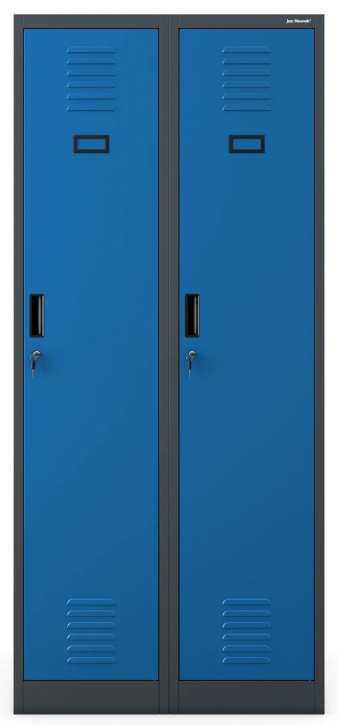 Pléh öltözőszekrény talpazaton, kétmodulos, polccal és köztes fallal KACPER, 800 x 1800 x 500 mm, antracit-kék