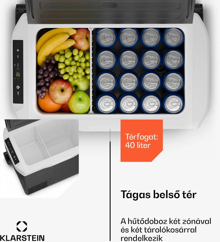 Klarstein PolarForce 37 l kompresszoros hűtődoboz, LCD panel, világítás, off-road, akkumulátorvédelem, 12V/230V