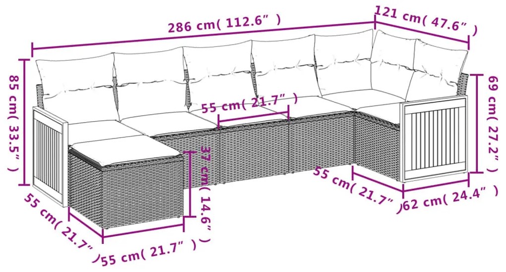 7 részes fekete polyrattan kerti ülőgarnitúra párnával