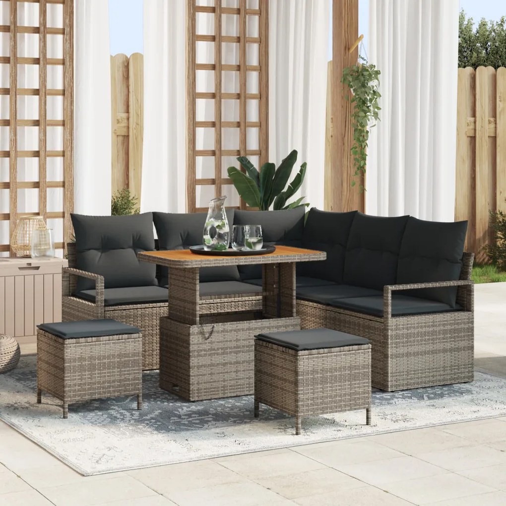 8 részes Kerti Kanapé Szett Párnákkal Szürke Poly Rattan Akácia