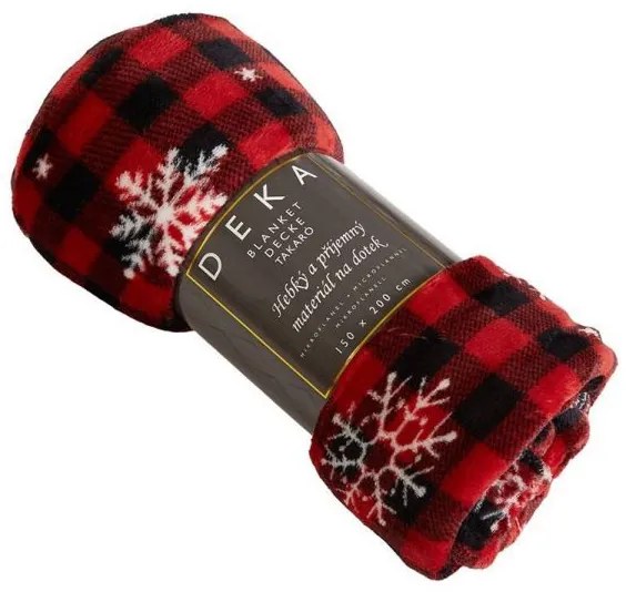 Karácsonyi polár takaró hópelyhes piros kockás 200x150 cm
