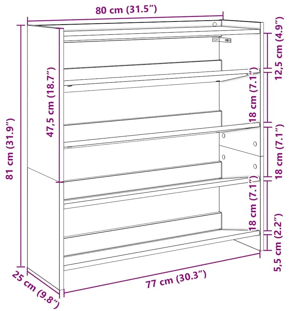 fekete szerelt fa cipőtároló szekrény 80x25x81 cm