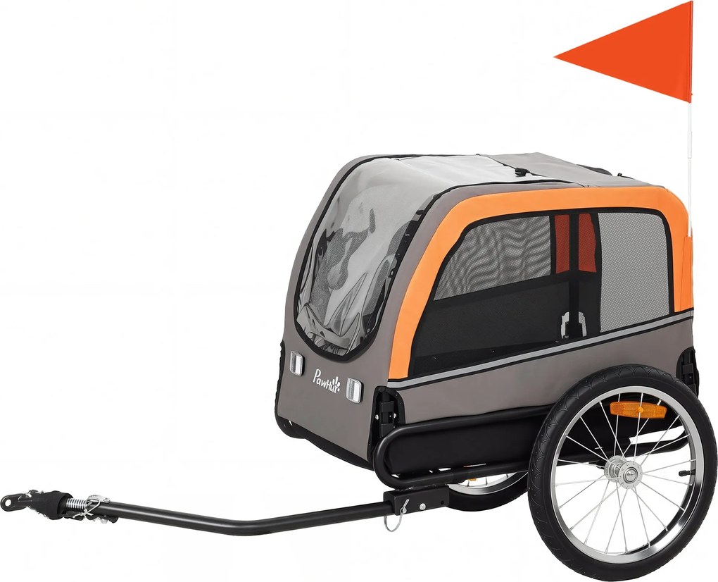 PawHut összecsukható kutyakerékpár-utánfutó fényvisszaverőkkel — 2 cipzáras ajtó, belső póráz, hálós ablakok, hordozható 600D Oxford kis- és közepes k