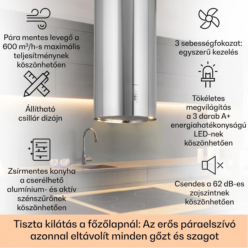 Klarstein Bolea, sziget páraelszívó, Ø 90 cm, recirkulációs/elszívás üzemmód, 651 m³/ó, LED, aktívszén szűrőkkel