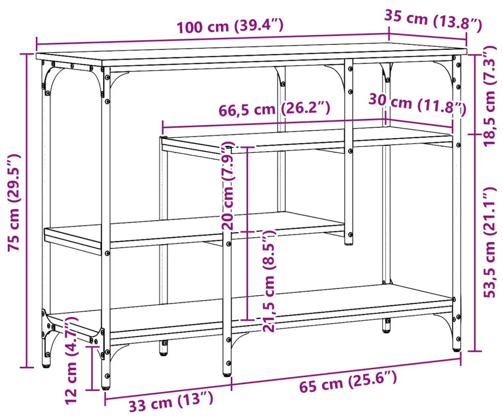 Konsole Asztal Fekete Tölgy 100x35x75 cm Műanyag Fa és Acél
