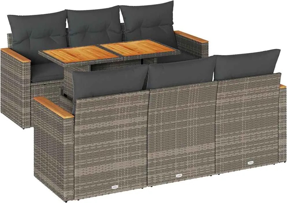 vidaXL 7 részes szürke polyrattan akácfa kerti ülőgarnitúra párnákkal
