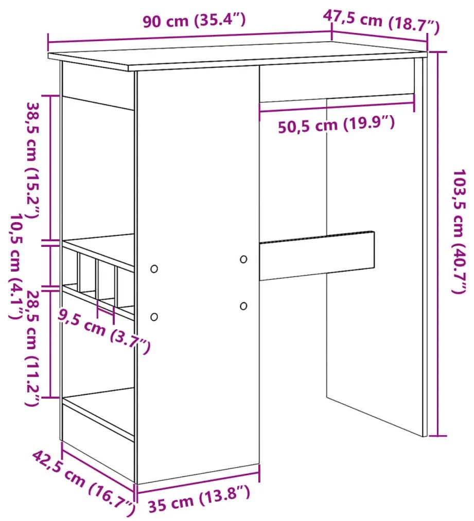 betonszürke szerelt fa bárasztal tárolókkal 90x47,5x103,5 cm