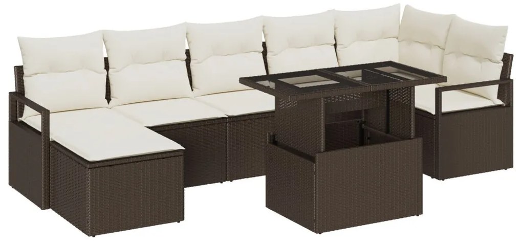 8 Darabos Kertibútor Szett Párnákkal Barna Poly Rattan, 2-Személyes Kertisofa Tárolóval és Párnákkal Barna Poly Rattan