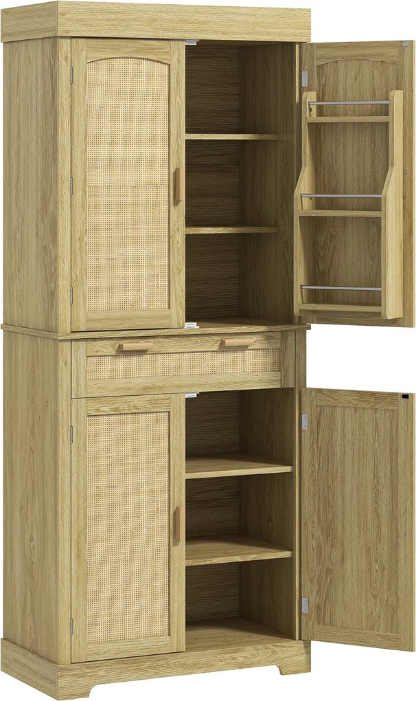 HOMCOM Magas Boho Stílusú Konyhai Buffettek 2 Szekrénnyel és 1 Fiókkal, Konyhai Szekrény Fa és Rattan Fűszertartókkal, 76x40x183cm, Tölgy | Aosom