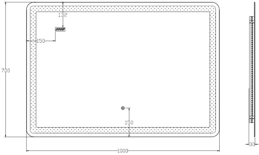 Viva AURA fürdőszoba tükör - érintőkapcsolós - páramenetesítős - órával - LED - FEKVŐ - 100 x 70 cm