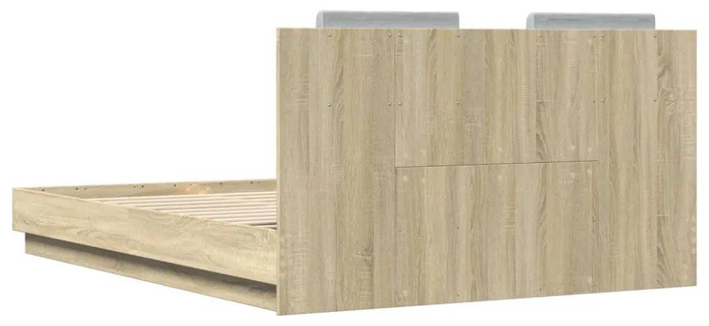 sonoma tölgy színű ágykeret fejtámlával és LED-ekkel 150x200 cm