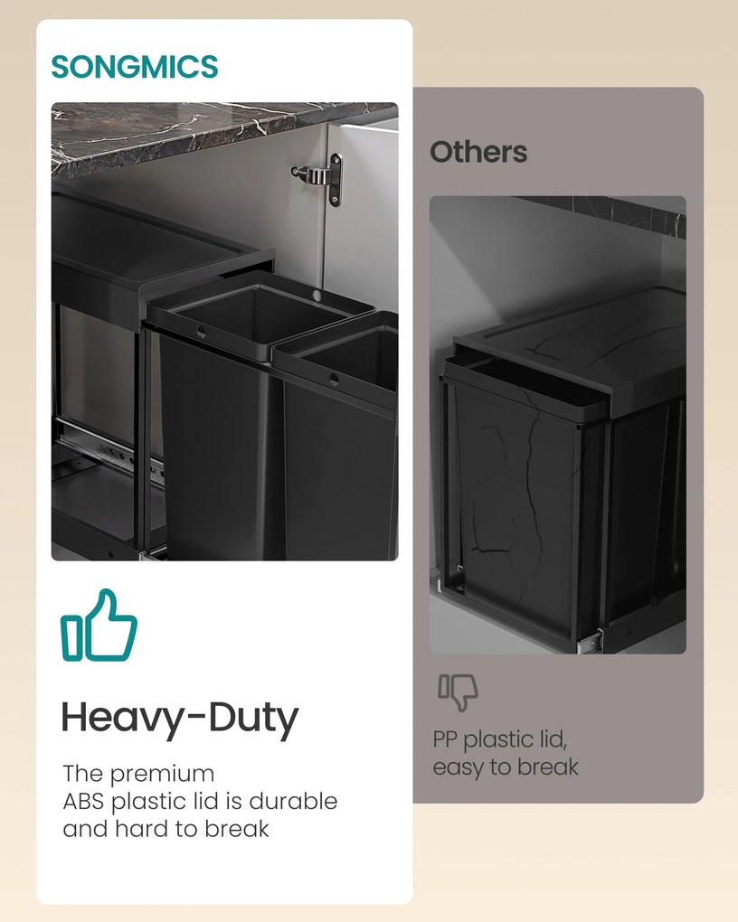 Beépíthető konyhai szemetes szelektív hulladékgyűjtéshez, 2 x 15 L dupla rekeszes, fekete