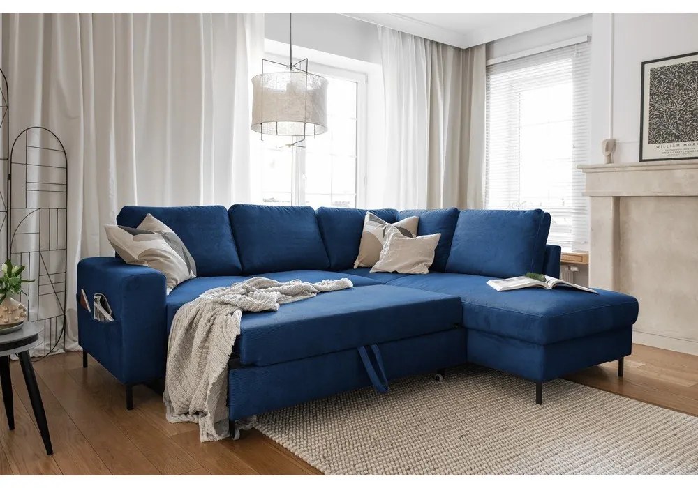 Sötétkék kordbársony kinyitható sarokkanapé (jobb oldali) Lofty Lilly – Miuform