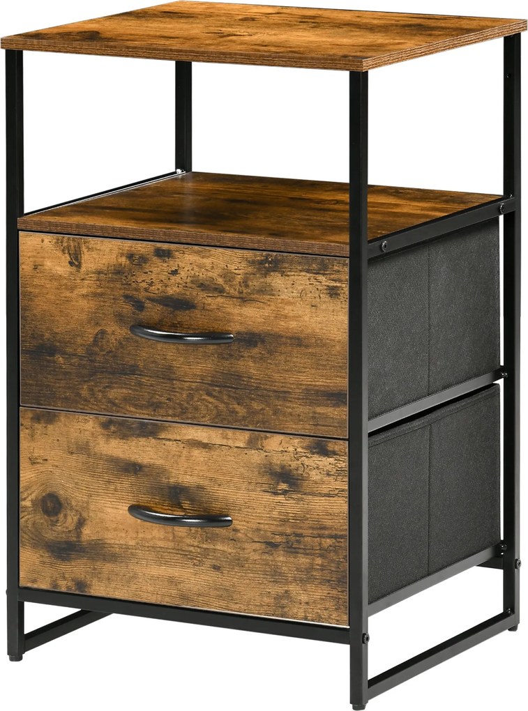 HOMCOM Textil Fiókos Tároló Szekrény 2 Fiókkal, Acél Vázú Polcos Szekrény Hálószobába, Nappaliba - Rusztikus Barna | Aosom