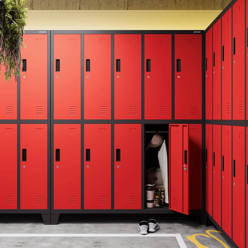 10 rekeszes öltözőszekrény lábakon BARTEK, 1360 x 1720 x 450 mm, antracit-piros